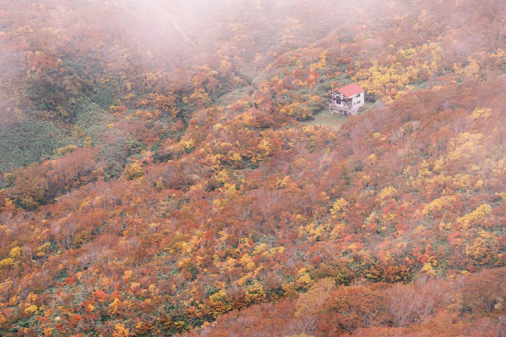 天竺の尾根からガスがとれた瞬間の金明水小屋♡絵本の中の？って思うくらい可愛かった一瞬・・・。