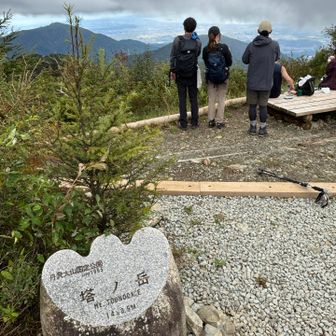 上空を雲が覆って青空は見えず。山頂はまあまあにぎやか。