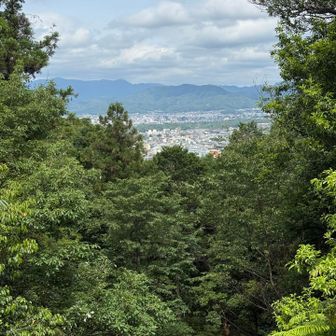 遥拝所前から。手前に平安神宮の赤鳥居がチラッと⛩️ 山は京都一周トレイルの沢山、鷹峯あたりかな