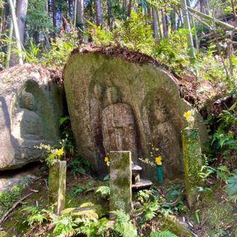 藪の中の三尊磨崖仏　随願寺の塔頭があった場所　当尾の石仏最古の1262年彫刻