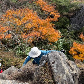 頑張って登った宿岩から慎重に降りる高いところが苦手な人😙