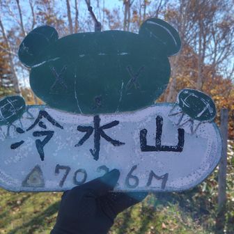 冷水山🙌

山頂標識？　移動式✨️
🐻さん？　
めんこい🥰
ただし金属プレート、重い！

こちらを面にして自撮り試みも⤵⤵⤵
むず😿
