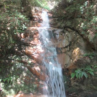 水しぶき涼しい高座の滝、頭から水浴びしてる人たちが涼しそう