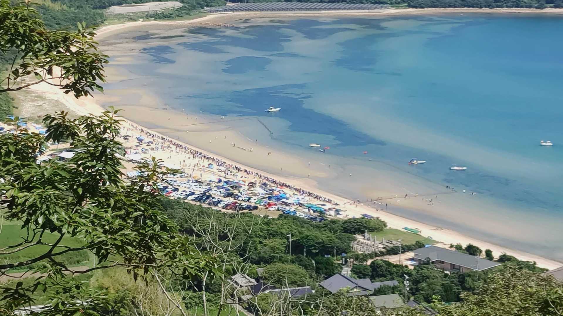 いよいよエビ狩り選手権の始まり
砂浜に沢山の人(800？)が並んでいます
海側の網の中にはクルマエビが10,000匹