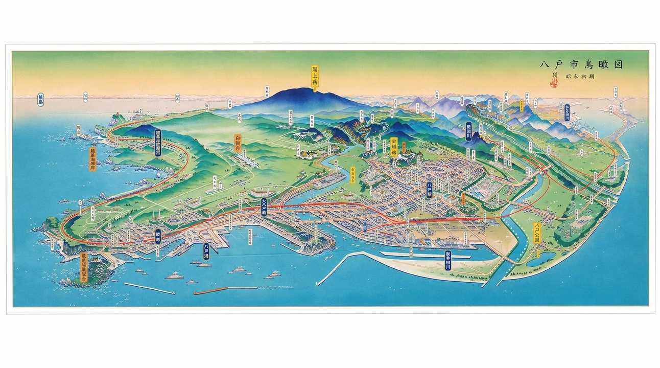 種差海岸駅の天井にあった八戸鳥瞰図を合成してみました