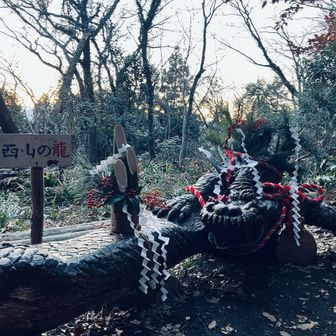 西山の龍も正月飾りされてました...ここで陽も暮れてきたのでヘッドライト装備します