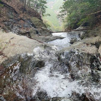 観音滝の上部を渡渉
「事故があったから覗き込むな」と看板があり、余計にとても覗き込みたくなりました　が、いい大人なので踏みとどまりました
