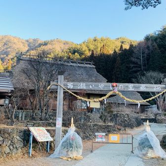 西湖いやしの里根場という有名な観光地の入口に向かいます。この手前に観光客用トイレがありますが、営業前なのでシャッターが降りていて使えませんのでご注意下さい。
（下山後は使えました）