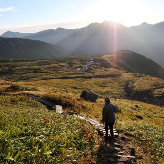 鳶山を十分堪能したので小屋に帰ります
木道は霜で滑りやすい💦

雷鳥の声は聞こえますが姿は見えず
