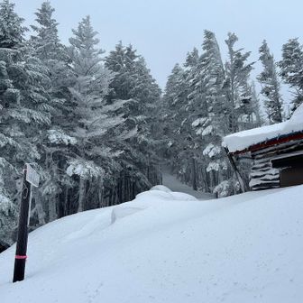 一夜明けて、かなりの積雪量。昨日は向こうにすぐ行けたのに。相変わらず硫黄岳は爆風状態。

今日はオーレン小屋経由で赤岳鉱泉に向かおうと思います。
