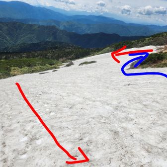 赤い矢印が登ってきたコースなんだけど、2回雪渓渡るなら、青い矢印のように降りて行けばいいだろうな〜🤔