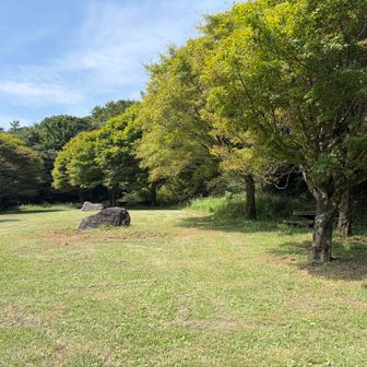 登山口を降りてすぐの芝生広場。キャンプ客が多い時はここにもテントが張られる