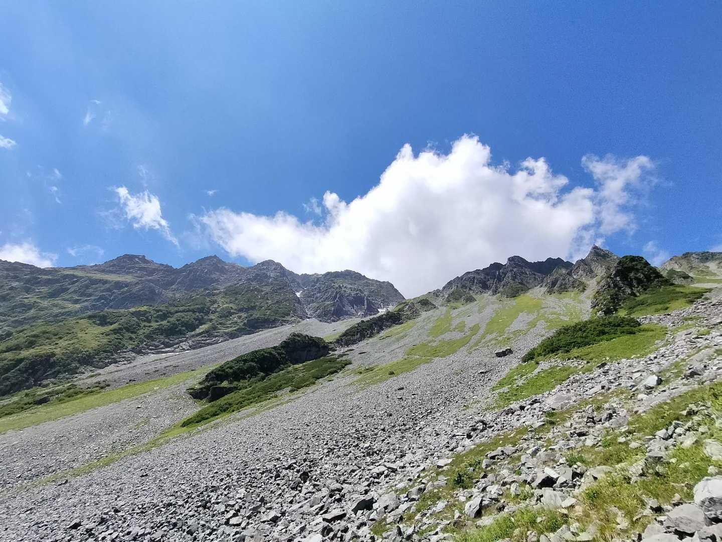 下山中、ザイテン下の取付きにて滑落受傷された方が救助を待っている場面に遭遇しました。
実際、ザイテングラートは登りより下りのほうがよっぽど難しかった。
ヘルメットは必須、登りより下りが危険。
