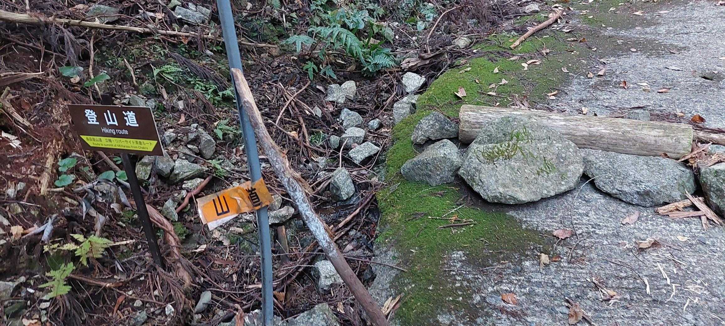 再び登山道に入る。
林道は荒れ気味だが、こちらも通行可能。
林道のほうが急でアスファルトなので、登山道のほうがお勧め。