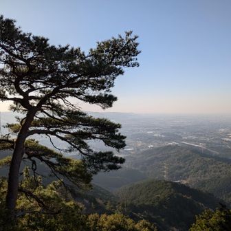 展望ポイントからの眺望。南。座談山（中左側最奥。頭だけ）平尾山（左左奥）砥鹿神社 里宮（右左中）