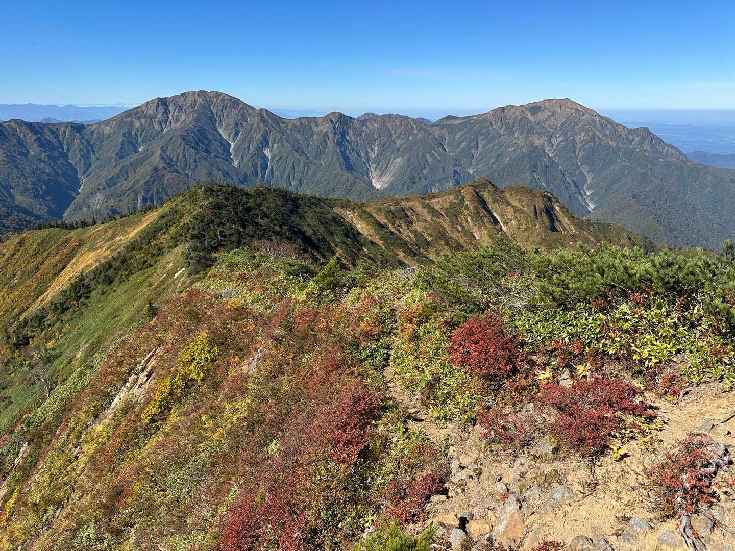 中ノ岳に魚沼駒ヶ岳、
中ノ岳の左側は鹿島槍ヶ岳とかの北アルプス