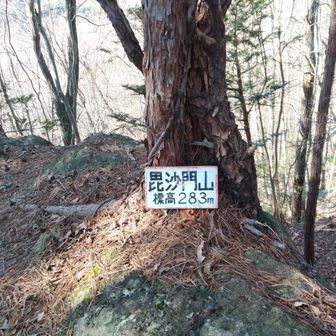 巨岩を過ぎると山頂着。⑨座目は「毘沙門山」立派な山名板があリました。