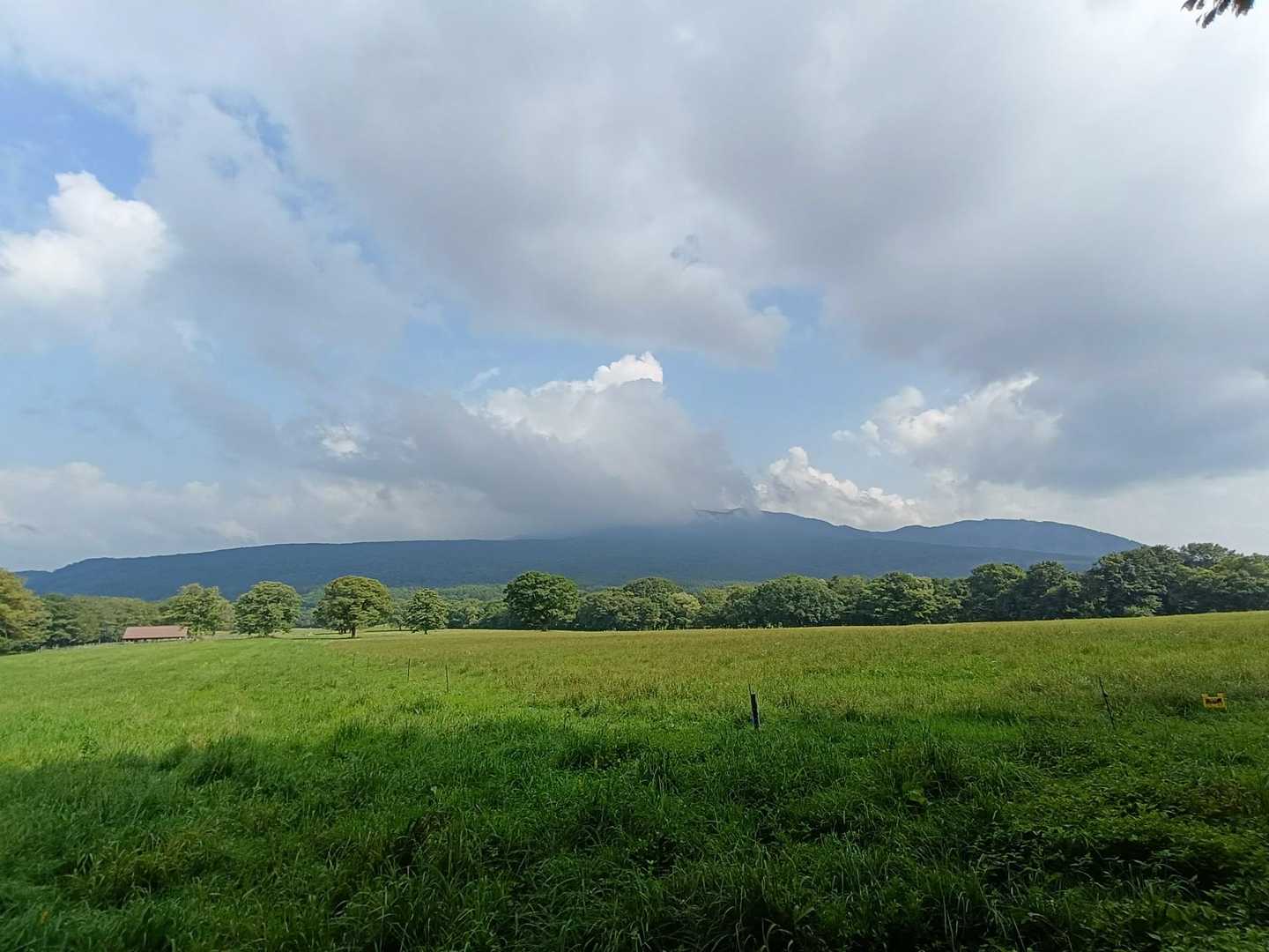 無事下山しました😊
ここから牧場を通って駐車場まで向かいます。

戸隠山の方は黒っぽい雲があったんですけど、こちらは青空見えてますね。
山頂でこのくらい欲しかったわー😅