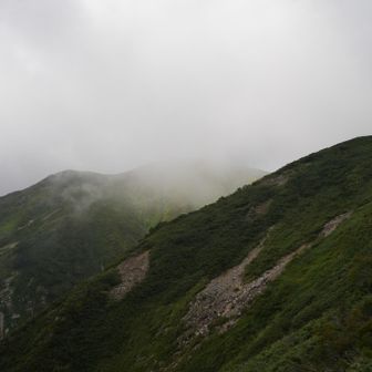 おー、大朝日岳山頂に光が。
うっすら見えてきた✨
下山する方に「ガス取れますかね？」と聞いたら、
「30分もしないうちに取れると思いますよ！」とのこと🙌