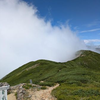 北西には雲が湧き上がり御前峰が全く見えないが岐阜方面や遠くにアルプスは見えた