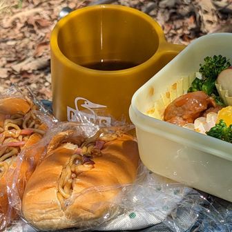 モグモグタイム
焼きそばパン＆あれこれマイウ〜🌭🥓🍗🥦🍎🍊😋