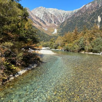 河童橋からの穂高連峰と梓川。やっぱり美しい。