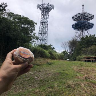 お昼にします。炊き込みご飯オニギリ。なお、右側の鉄塔の解体工事が始まっていました。