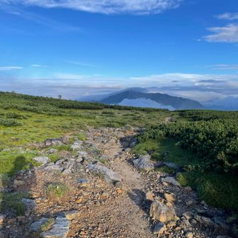 双六岳🎲(2860m)を通過して、三俣蓮華岳へ向かう途中 晴れ間が出てきた
気分的に歩く楽しさ100倍に😊
正面には百名山 黒部五郎岳(2840m)
名のとおり岩がゴロゴロ地形なんでしょう