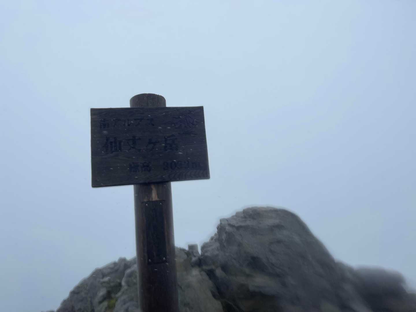 標識も濡れて字が見えないけど仙丈ヶ岳3,033m登頂。1分も滞在せず下山。ほんとにただ登っただけ