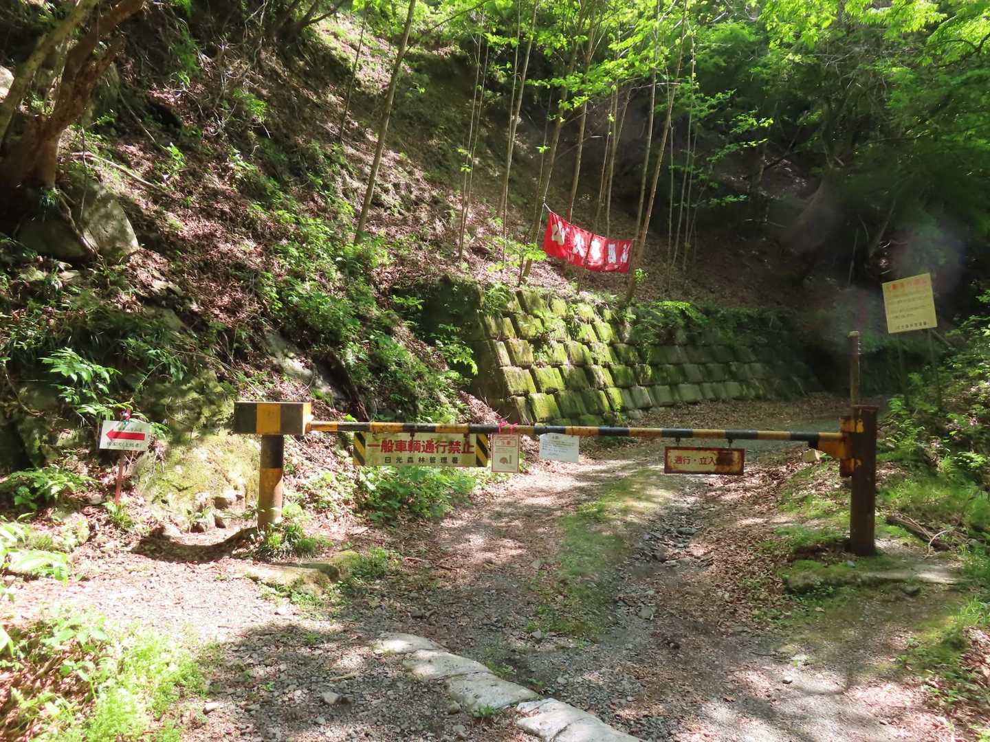 不死熊登山口
林道を進んでいくとゲートがあります。ゲートの横を通過して先に進みます。
ちなみに、ゲート手前を左側に進むと上級者向けの根本山 沢コースです。