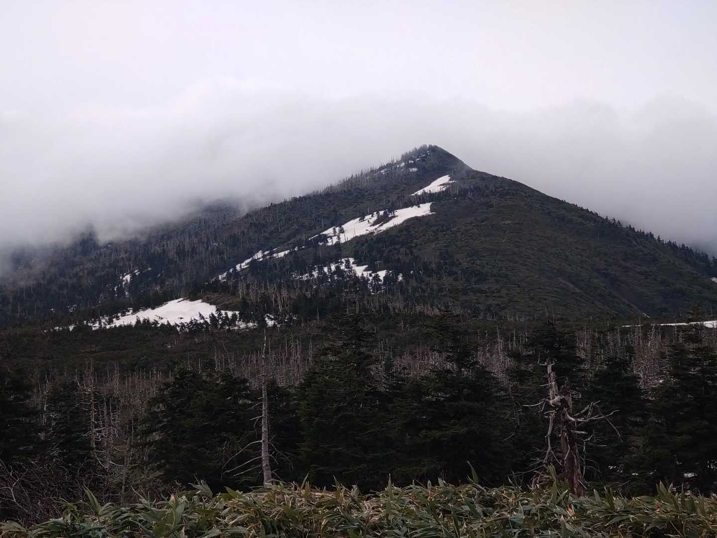 前山辺りから先は滝雲が流れて真っ白
晴れてくれ〜