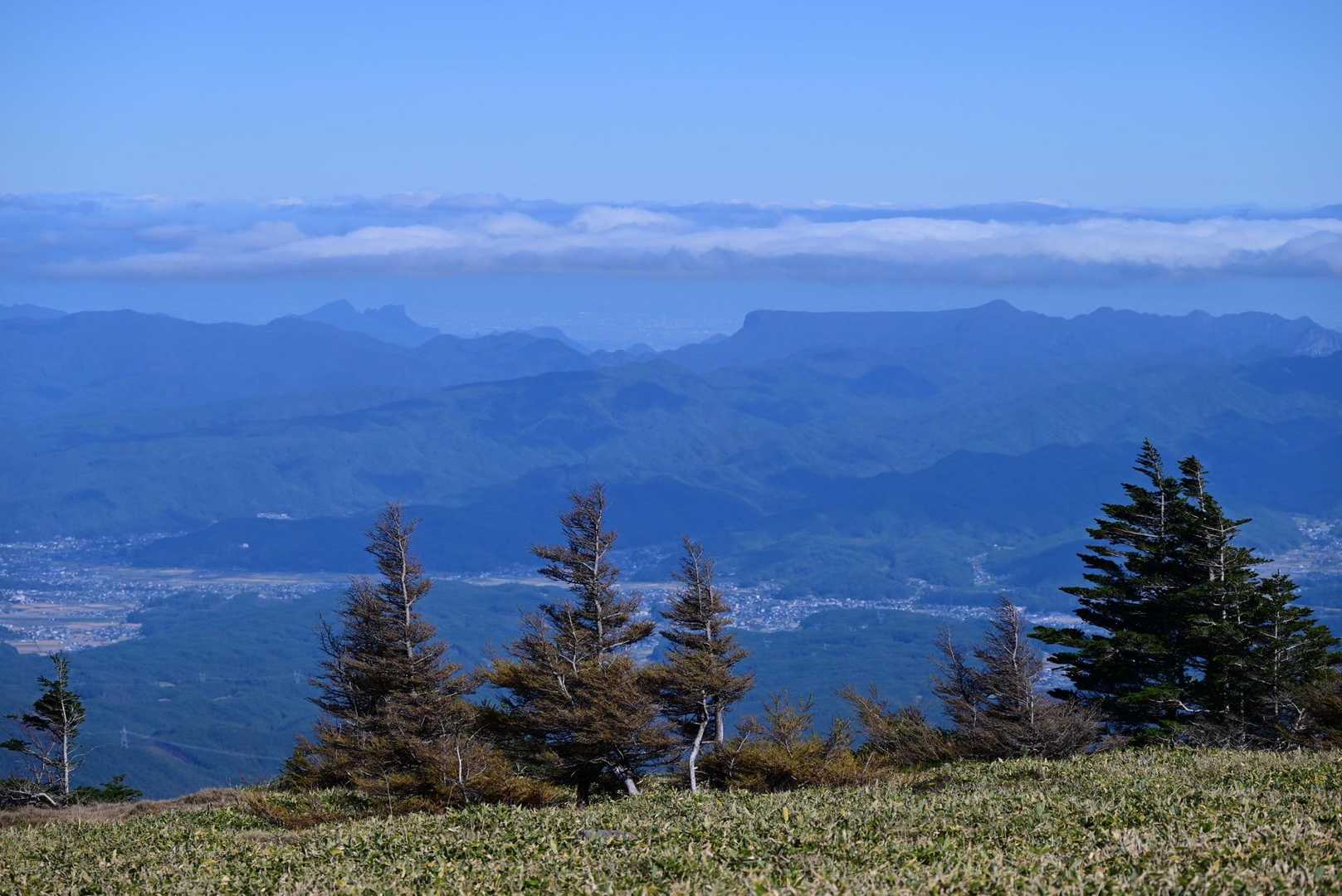 双子岳山頂。露岩を繰り返し乗り越えてきたので、妙に癒しの空間でした。伸びやかな稜線で、展望も良し。写真はテーブルマウンテンの荒船山と妙義山。