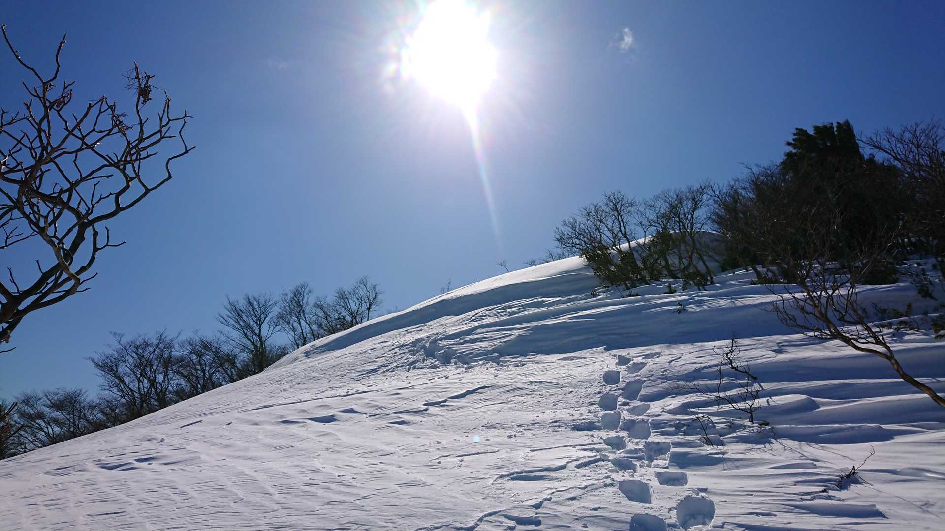なかなかの急斜面
スノーシューのトレースを穴開けつつたどります。
このスノーシューのかたは釈迦まで行かれたのかな
