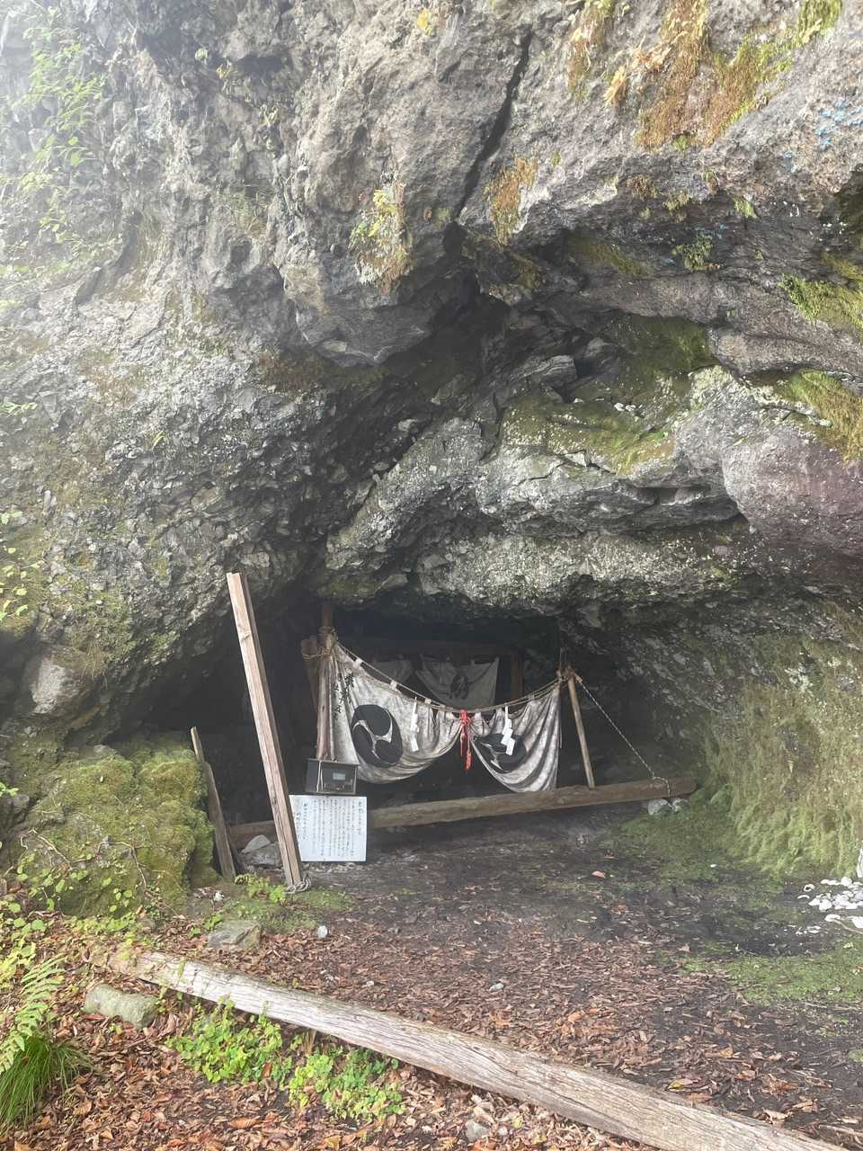 岩室(岩屋)    案内板より
奈良 平安の昔から高社山 お山そのものをご神体として崇め 薬師如来を祀り岩屋を奥の院とした。明治の初め廃仏毀釈の難に遭い、登山道に建てられてあった石仏たちも毀され、辛うじて薬師本尊は谷厳寺に安置され六十年に一度開帳されるという。今は高社神社の奥宮として少名彦名尊 大国主尊を祀る。
岩屋が今日のように広げられたのは、明治の初め御嶽行者の湯本佳六の努力による。
昭和五十九年六月三日