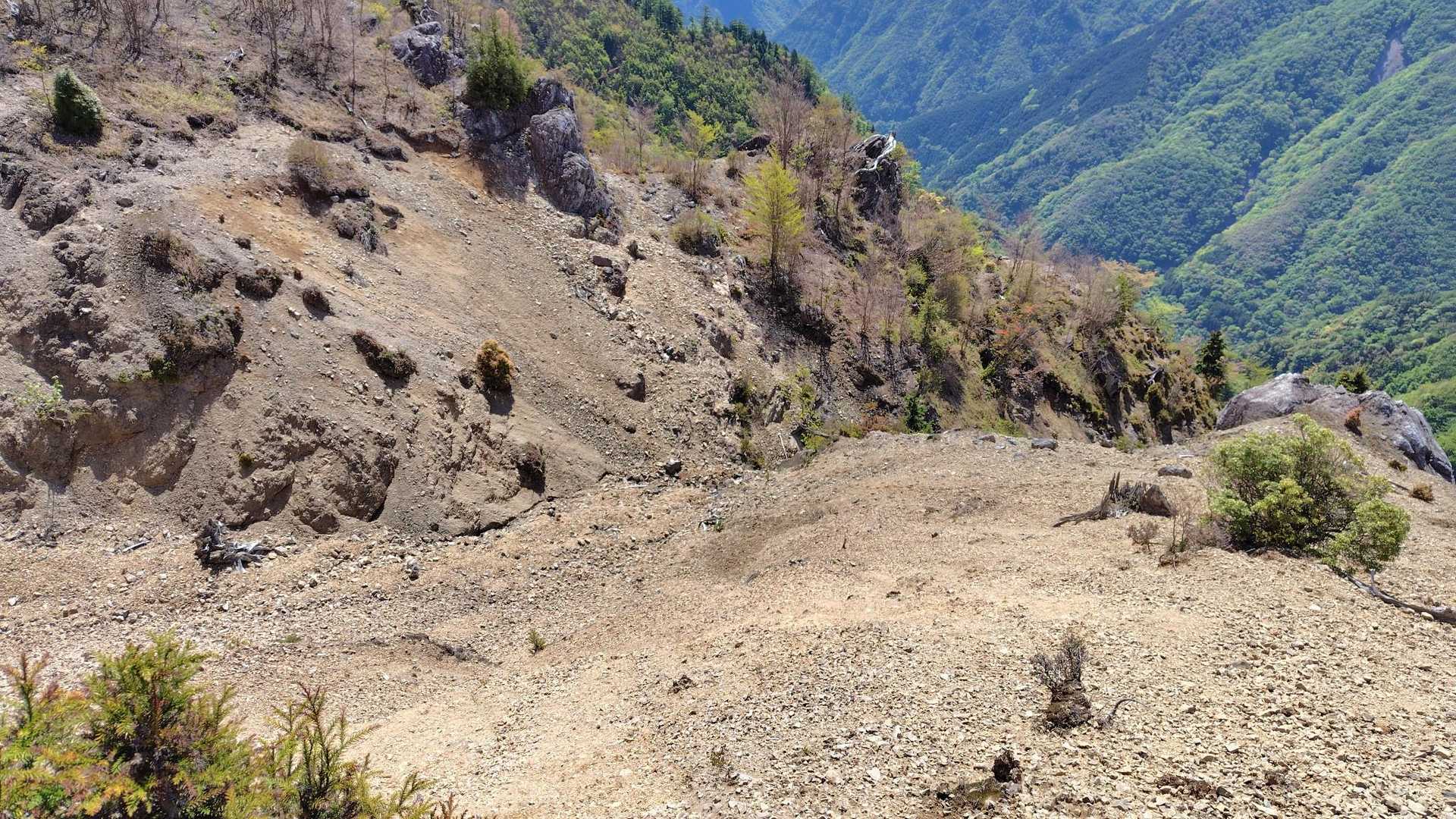 山友さんが開拓した水場
アグアス・タテガミに水を汲みに行く
写真手前の西側から谷に降りて、奥の東側に登っていった
西側はザレて急
東側は足場がしっかりしているが、これからの季節は藪になりそう