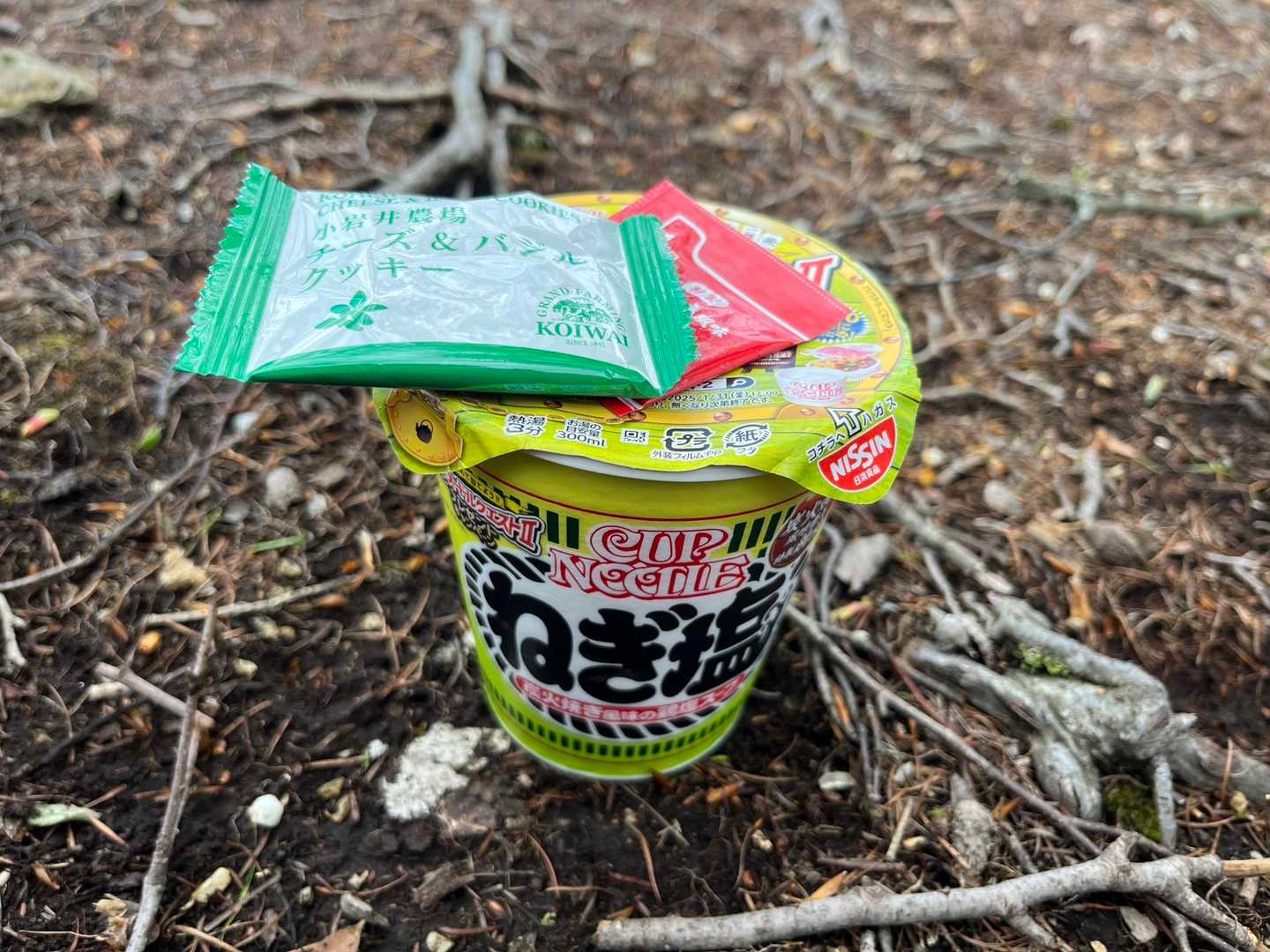 眺望は無いがお腹が空いたのでランチはここで。
いつのまにか期限が切れていたカップ麺。
hanaさんから貰ったクッキーと。