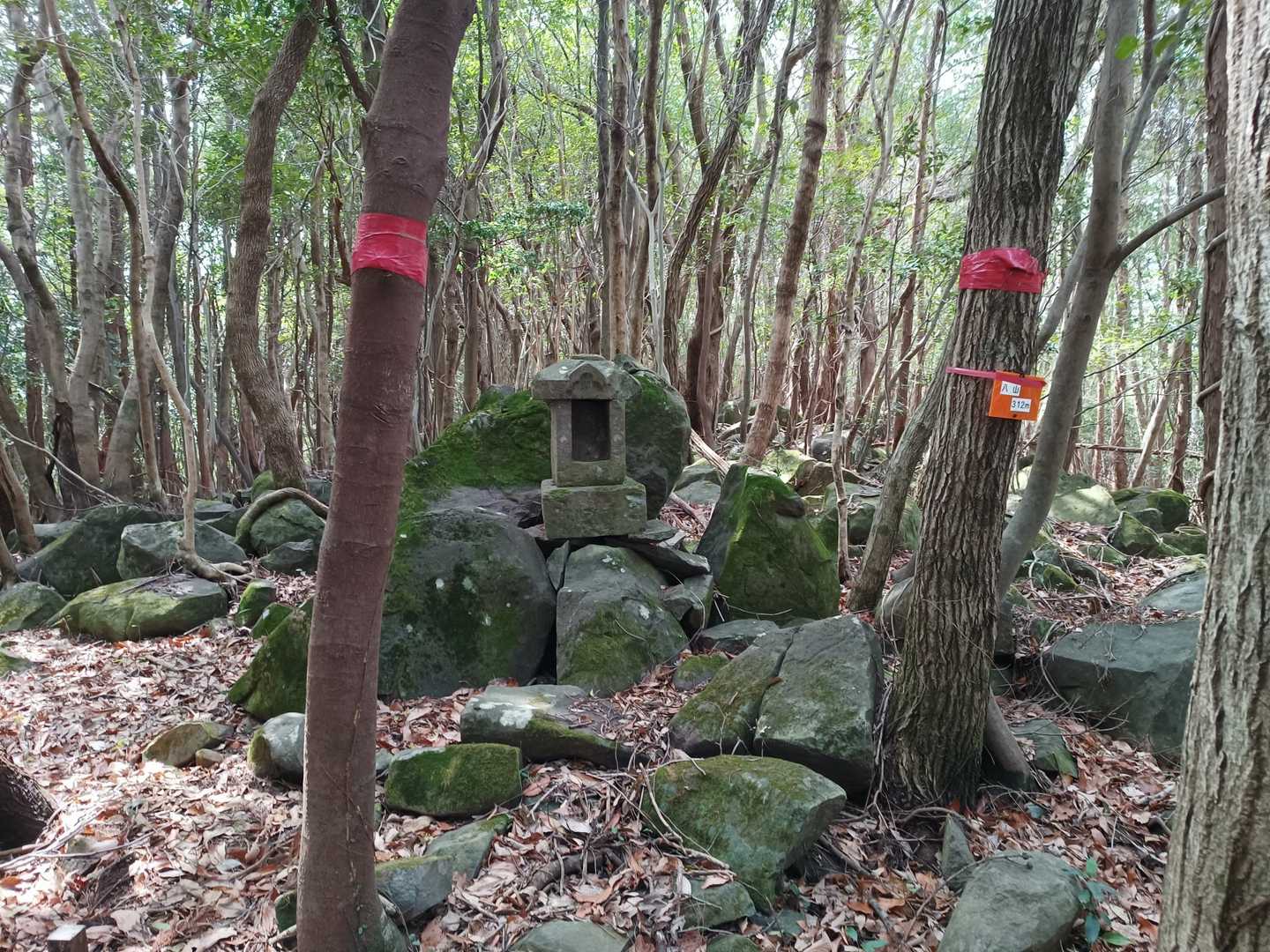 祠と山頂看板。312m標準点より手前