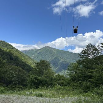 上にロープウェイ、正面に白毛門をみながら砂利の林道を下り、