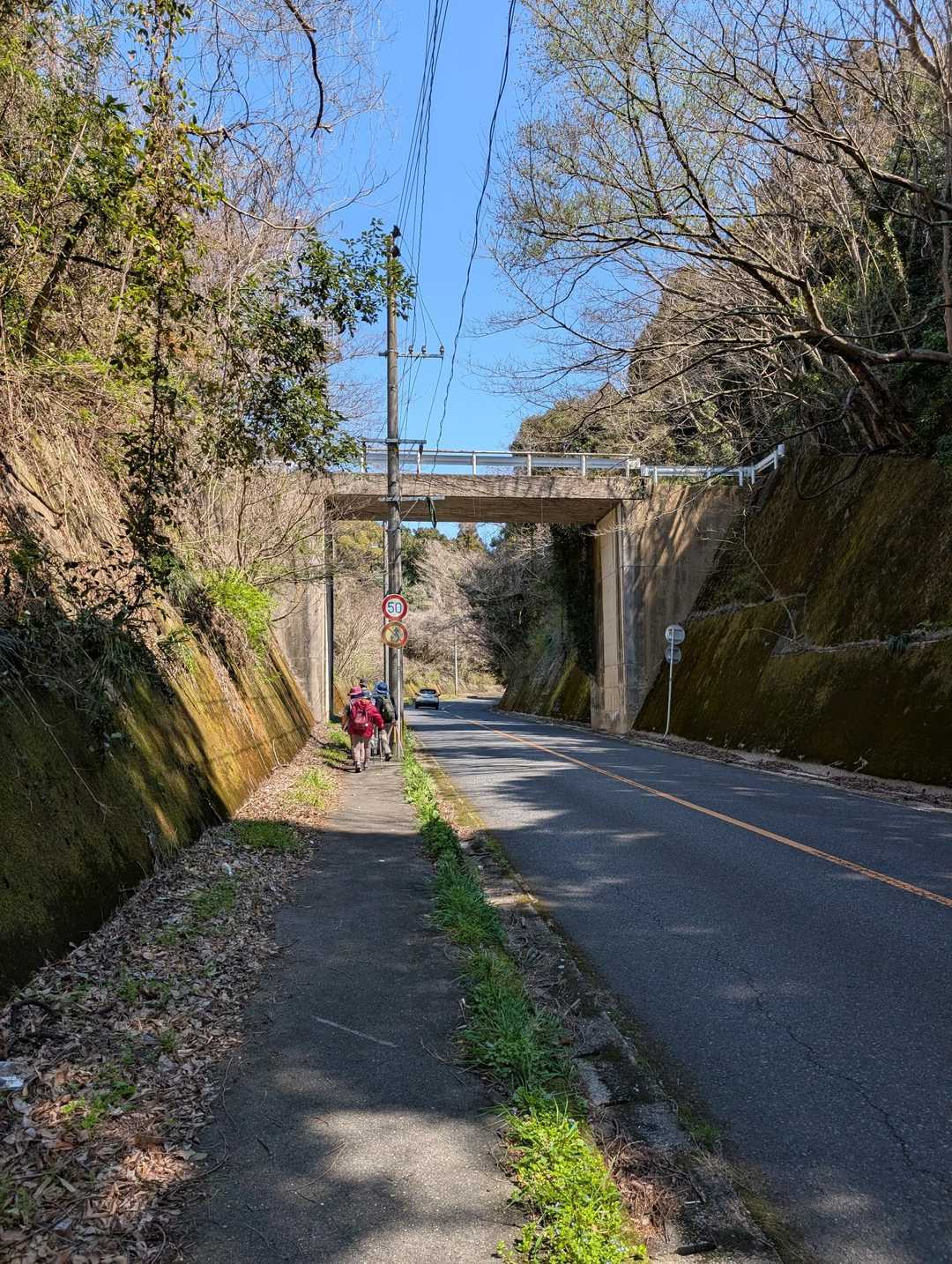 この陸橋を歩いて、下の舗装道路へでます。