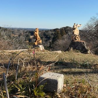 三角点前で干支の引き継ぎの木彫りです。