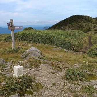 山頂西側のピークです。ここには展望台があります。三角点「名義山」もあります。正面右に見えるのが那岐山山頂です。