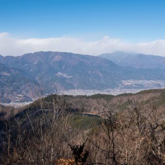 遠くに見えるのは真ん中に櫛形山、右手は雲に覆われた鳳凰山、手前に四尾連湖。