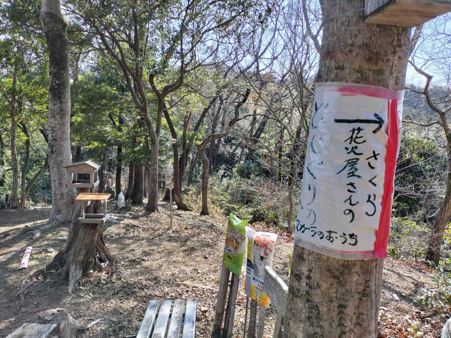 頂上手前の分岐

右へ行けば桜があるようですが、途中で竹藪が見えたので引き返す⋯。

ヤマガラの餌箱がありました🐦️