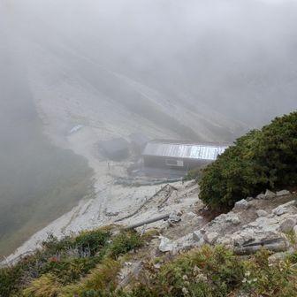 木曽殿山荘見えました。
登山道が細かい花崗岩でザレ。