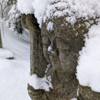 お地蔵様。雪をかぶってちょっと寒そげ。お鼻のうえに雪がのっててかわいいな。