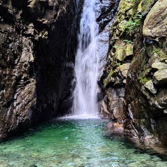 以前は近くまで行かなかった最後の渡渉箇所、西黒沢の綺麗な滝🤩水が綺麗〜涼しい🎐