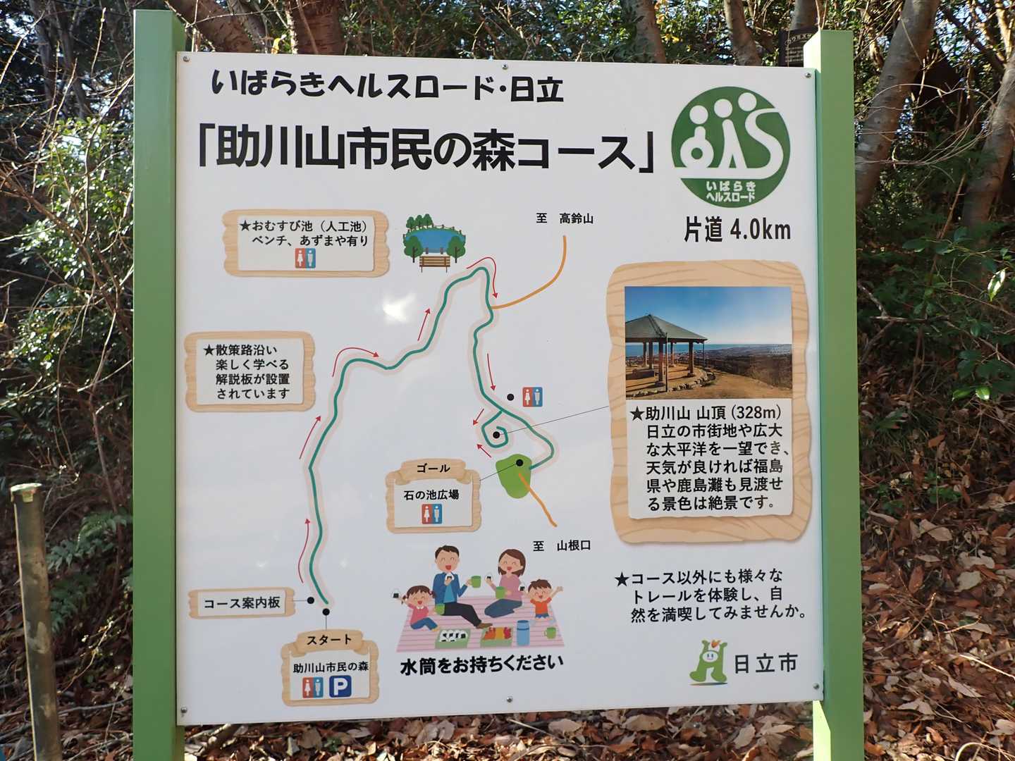 みはらし・ひねり沢のトレイルは、台風１３号の影響により立入禁止なので、外周舗装路を歩いて山頂に向かいます