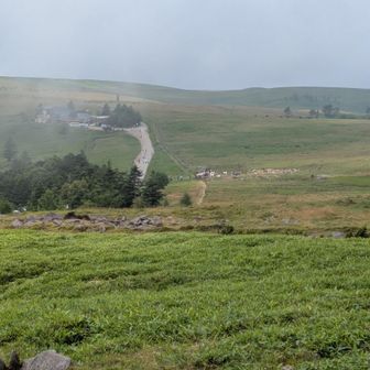 牛伏山山頂からの風景✨
たくさんの牛🐄が小さく見えます😊
正面の道の向こうの建物は山本小屋
