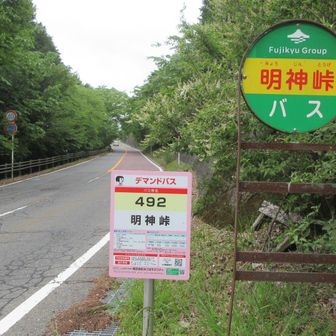 明神峠とうちゃ~く！🎶

峠道のカーブの連続なので運転手さんに案内されて後発便に座って乗れました！　
　峠道…低速ギヤの高回転なのか･･･遅れを取り戻すべくのアクセルなのか…　ちなみに前発便は電気バスでした！⚡

トイレは峠から少し登ったところに仮設トイレがあるよ～ですが…駅で済ませておくのが確実です！🚻