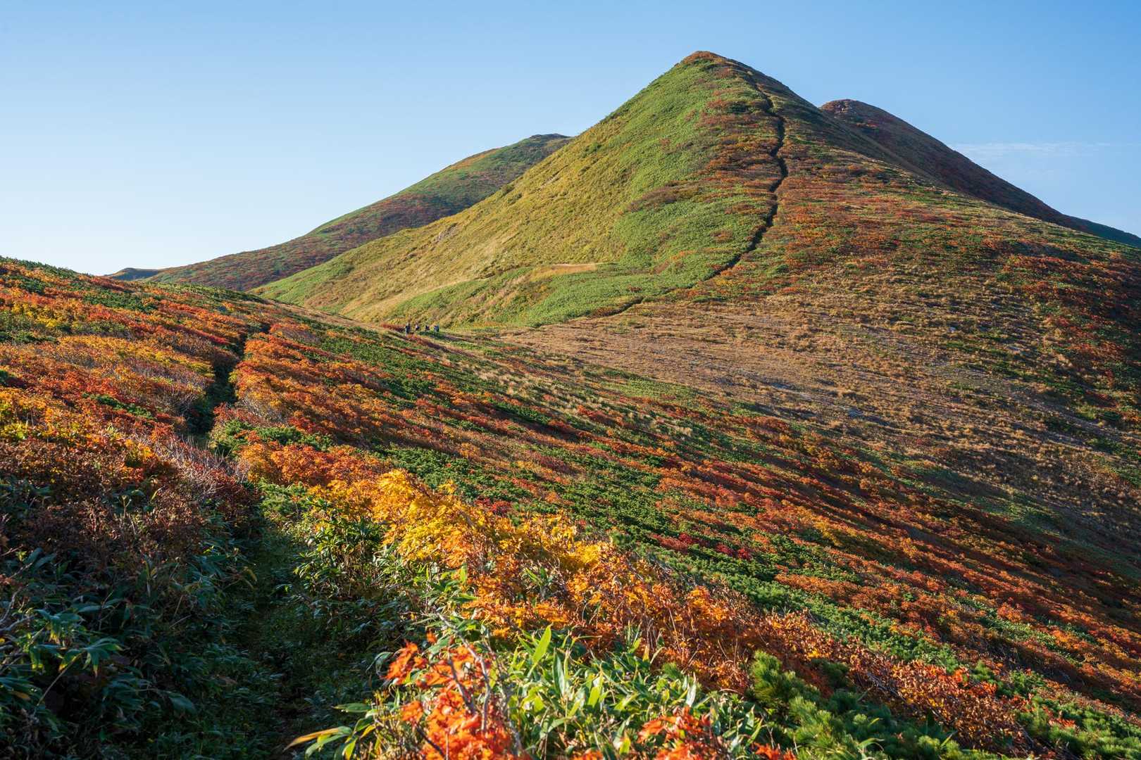 今回の山行で一番好きだった景色。紅葉と尖った西朝日岳がすばらしい！